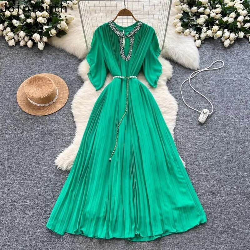 Elegant Robe Femme Women Temperament Maxi Dress 2025 Vestidos De Mujer Heavy Diamond Hollow Out Vintage Summer Pleated Dresses