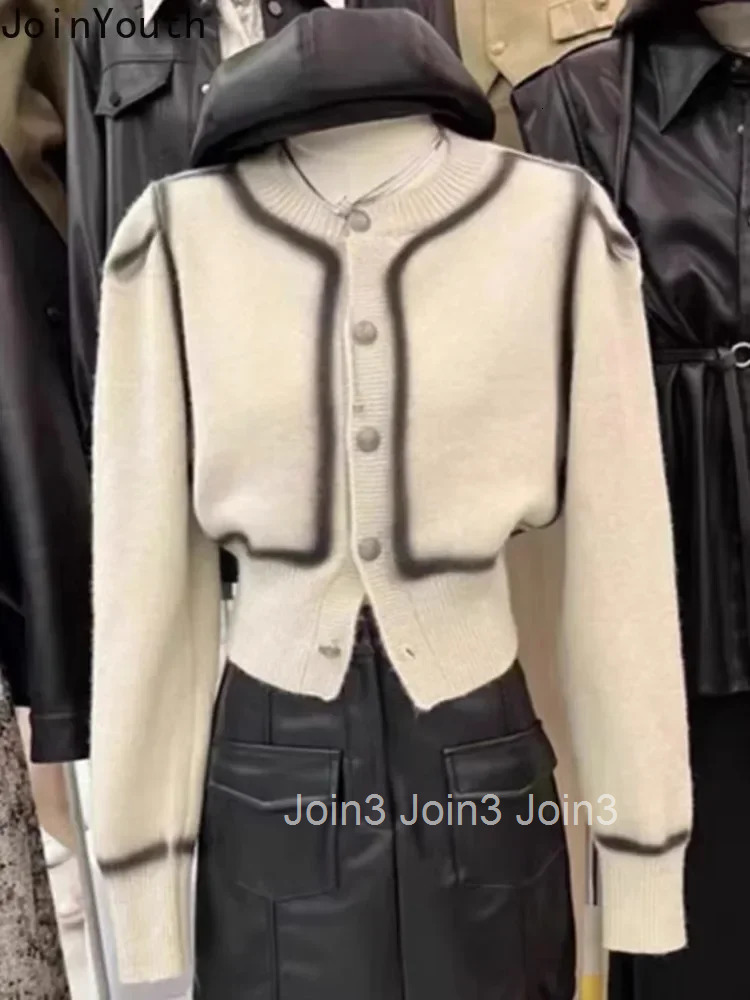 Women Clothing Cropped Cardigan Coat 2025 Ropa Mujer O-neck Contrast Color Pull Femme Knitting Vintage Sweaters Tops Female