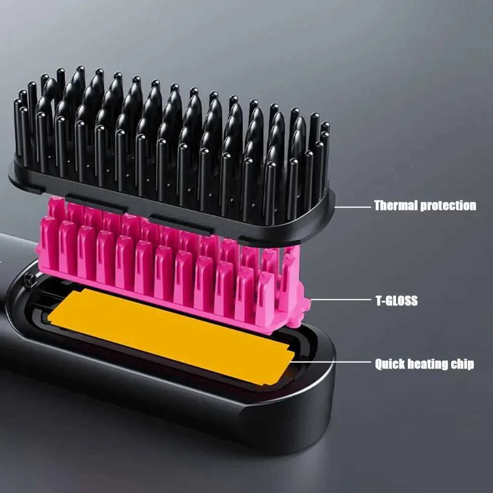3 Temp Adjustable Hair Straightener Brush Fast Heating Rechargeable Cordless Electric Fluffy Curly Hair Styling Detangling CombXJ250621
