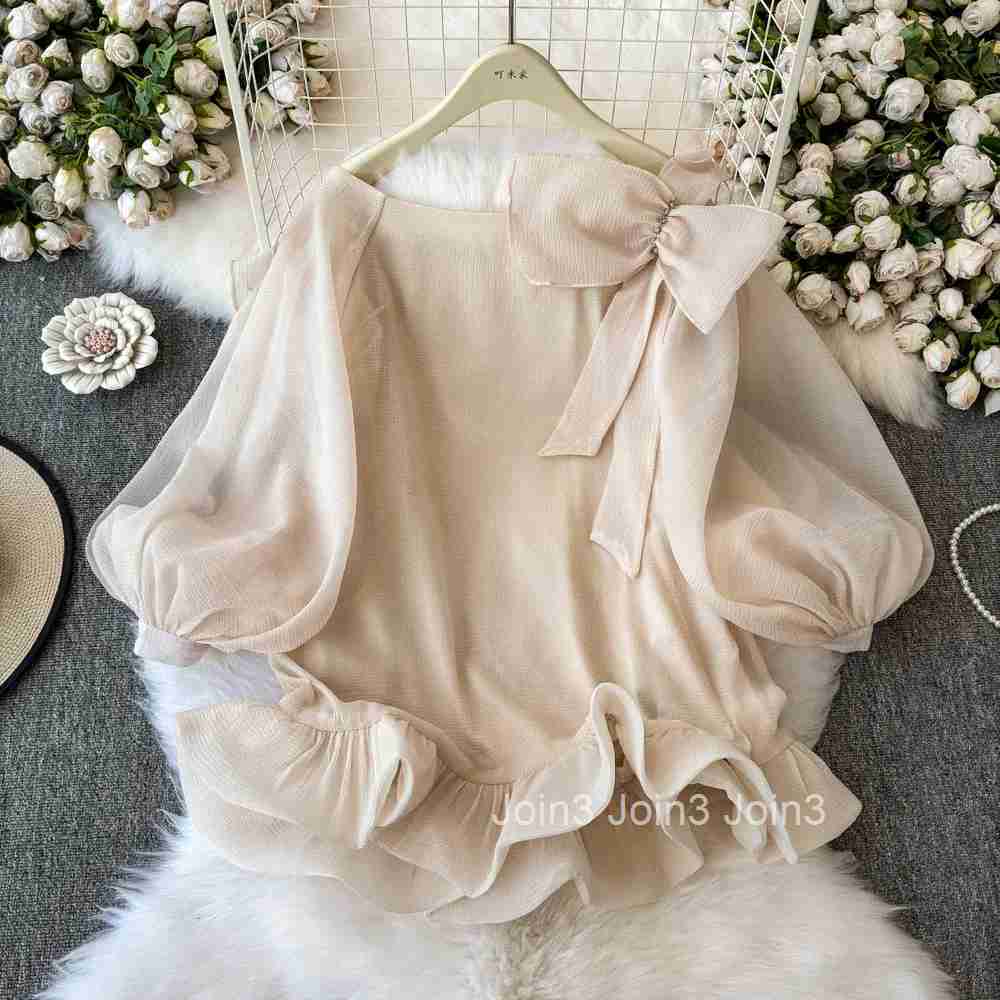 2025 Women Clothes Chic Blouses Camisas De Mujer Slash Neck Diamond Bow Puff Sleeve Shirts Solid Color Ruffles Summer Blouse Top