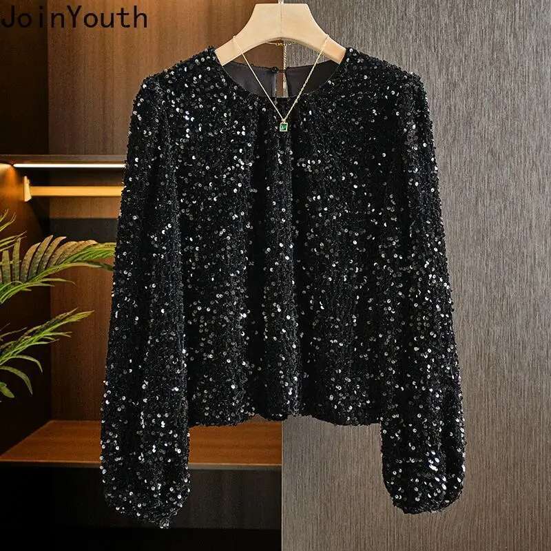 O-neck Long Sleeve Blouse for Women Fashion Heavy Sequined Y2k Tops 2025 Blusas Mujer De Moda Temperament Loose Korean Shirts