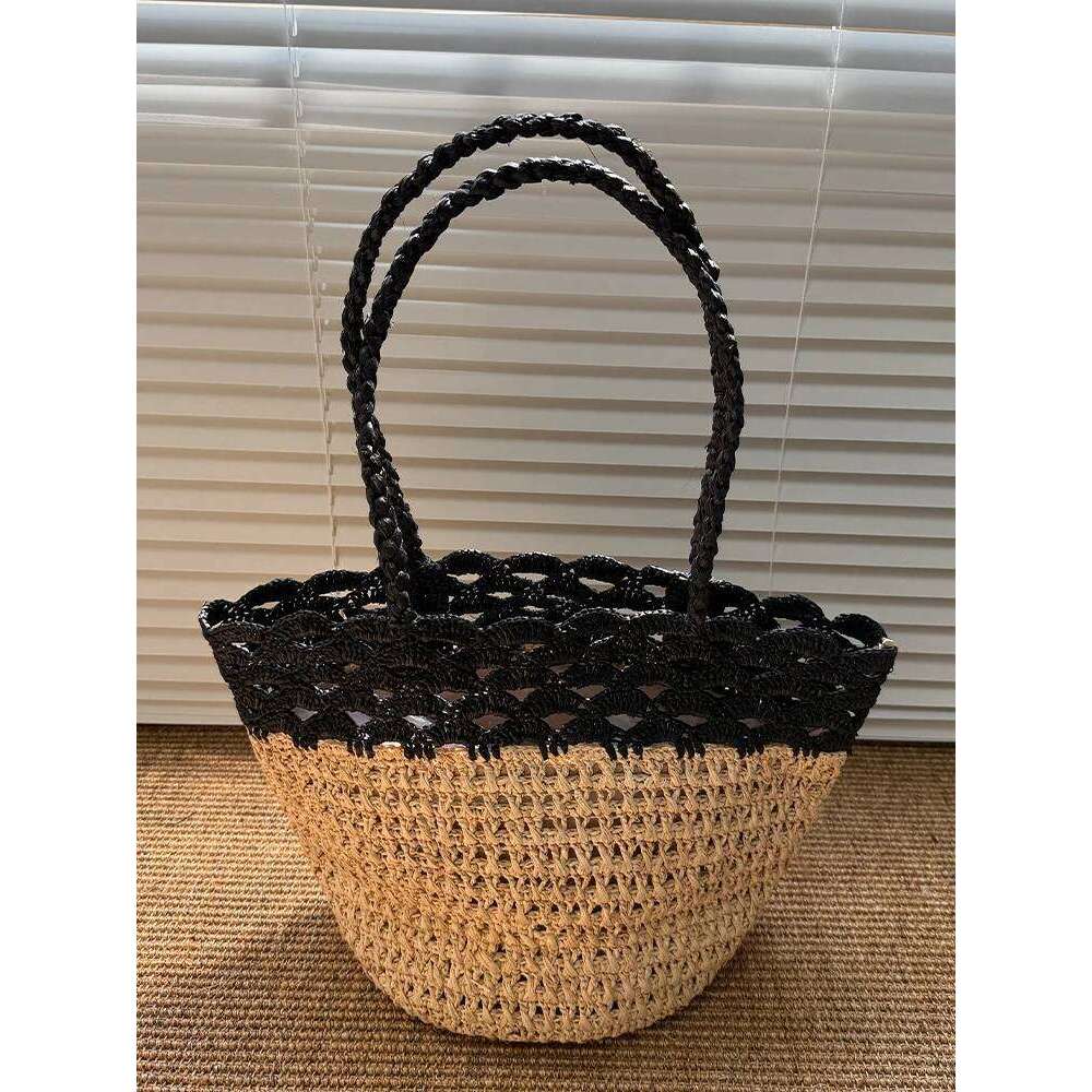 Fashion Lafite Straw Bucket Hollow Rattan Women Handbags Summer Beach Shoulder Crossbody Bag Casual Lady Large Tote
