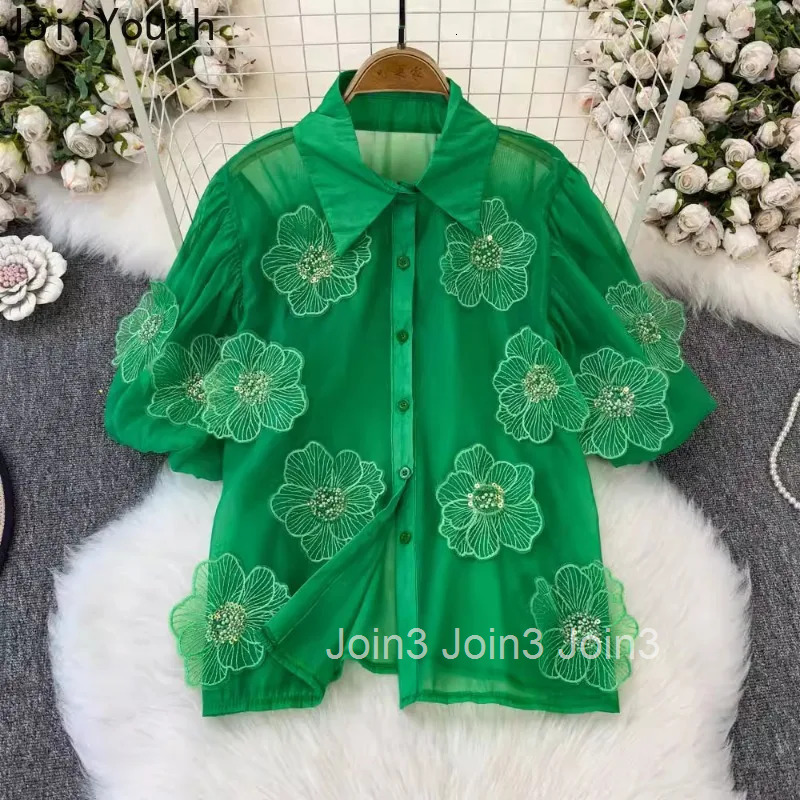 2025 Blusas Mujer De Moda Summer Blouse Womens Clothing Short Sleeve Sweet Sequin Floral Shirt See Through White Blouses Tops