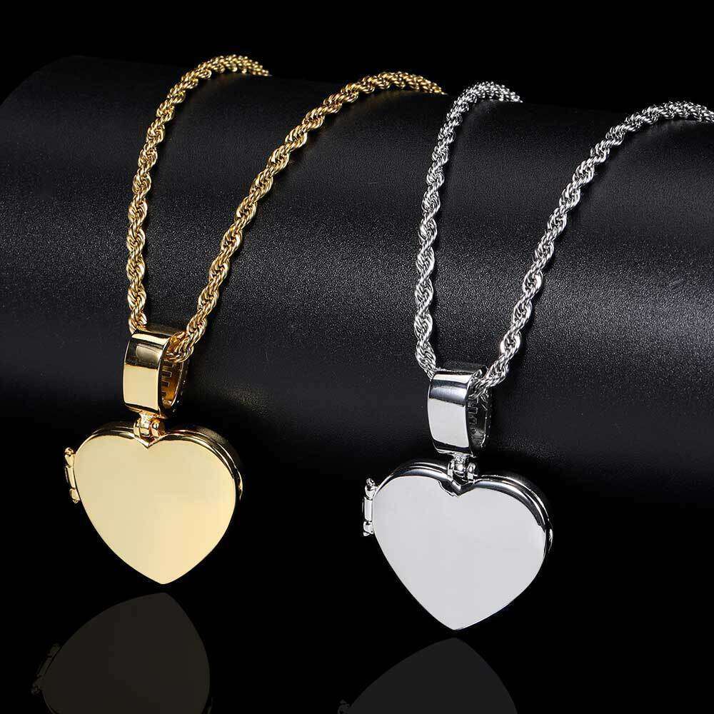 Hip Hop Small Flip Cover Heart Pendant Copper Inlaid Zircon Trendy Brand Personality Photo Frame Men's Necklace 04b2