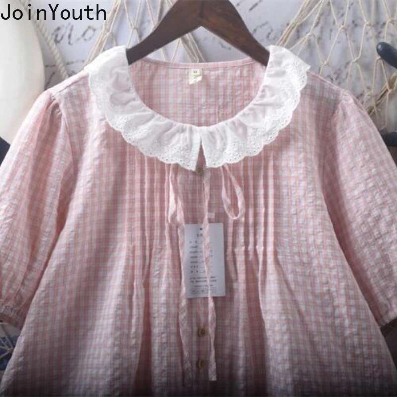 Japanese Blouses for Women Lace Peter Pan Collar Short Sleeve Shirts Loose Summer Bandage Plaid Blouse Tops Camisas De Mujer