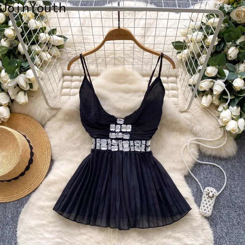 Temperament Vest Womens Clothing Slim Waist Backless Folds Tees Korean Sexy Camis Summer Heavy Diamond Pleated Tanks Ropa Mujer