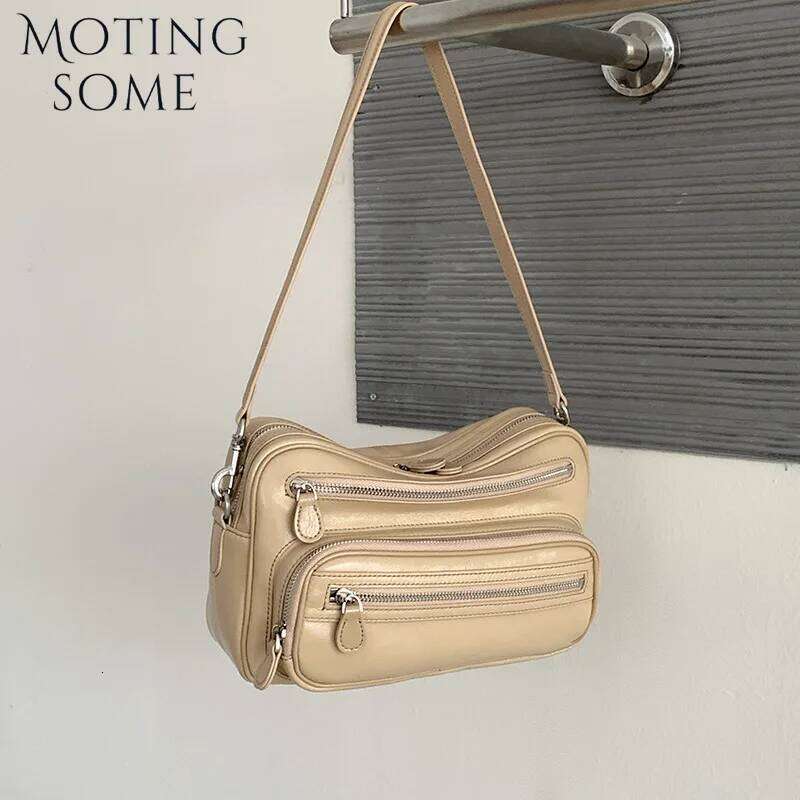 First Layer Cowhide Leather Vintage Brand Key Zipper Shoulder Handbag Underarm Small Square Female Bag Personality