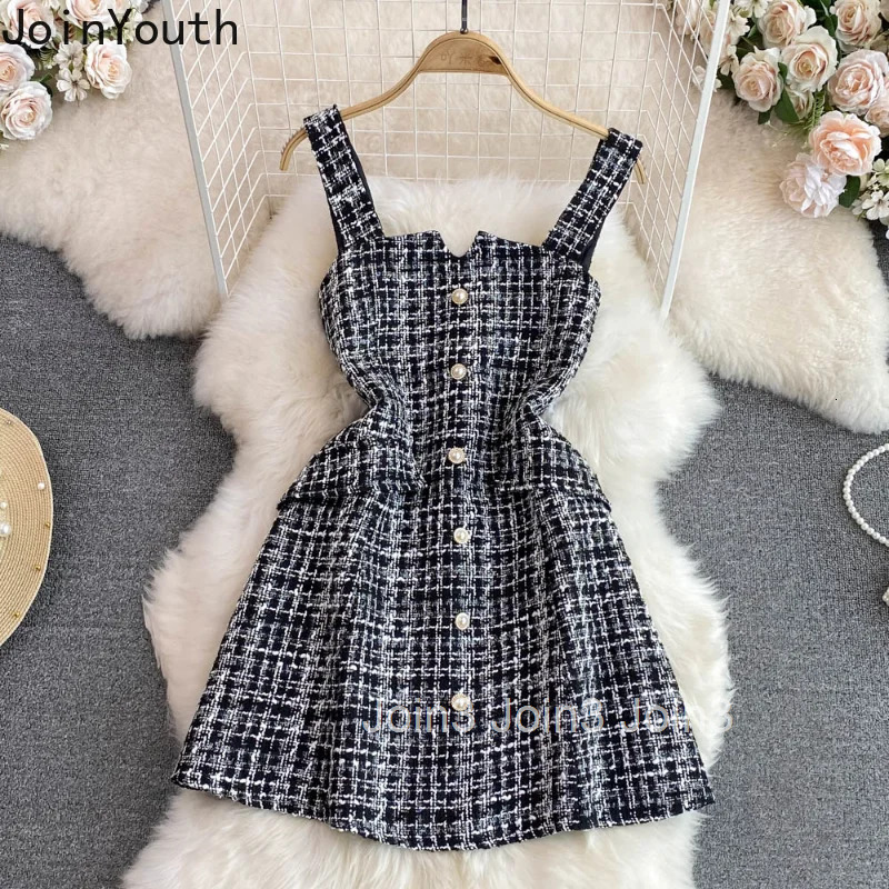 2025 Vestidos De Mujer Korean Dresss for Women Slim Waist Sleeveless Tunic A-line Tweed Robe Femme Vintage Temperament Dress