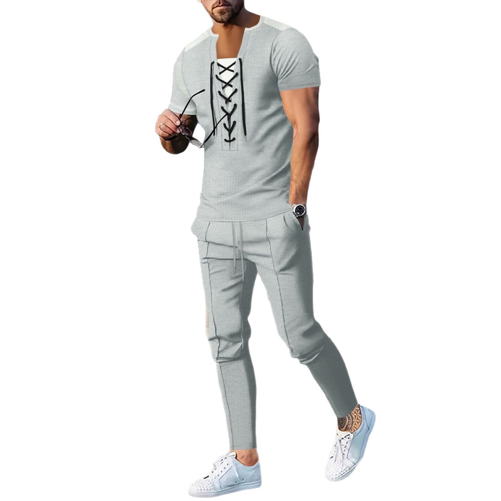 Mens tracksuit Men's fashion two-piece set new Waffle T-shirt fashionable long pants V-neck drawstring short sleeve + long pants two-piece casual