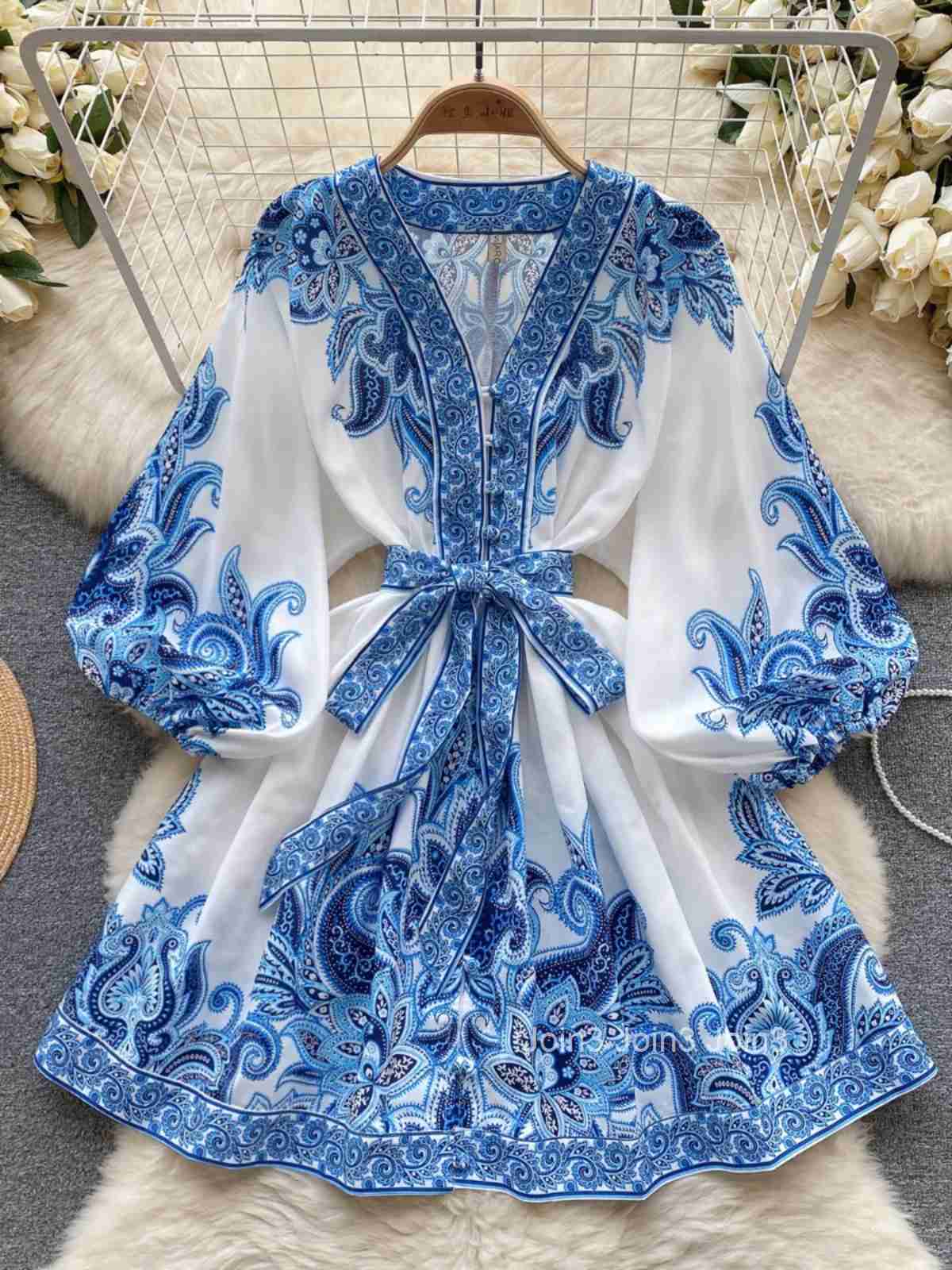 Elegant Robe Femme Floral Summer Dress for Women 2025 Vestidos De Mujer Bandage Tunic Lantern Sleeve Vintage Korean Dresses