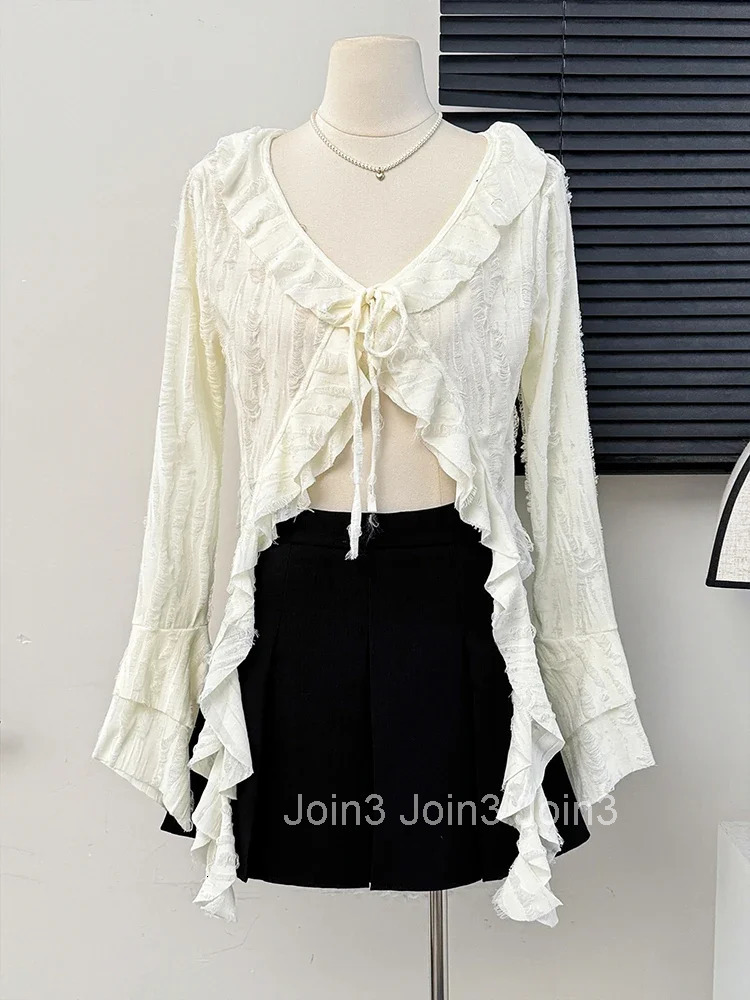 Irregular Crop Tops Blouses Women Hole Flare Sleeve Bandage Shirts 2025 Blusas Mujer De Moda Ruffles See Through Summer Blouse