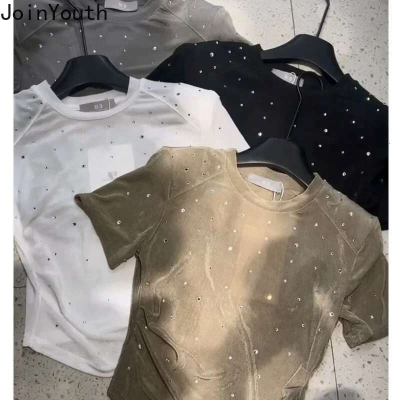 2025 Ropa Mujer Tshirts for Women White Sequin Diamond Crop Tops O-neck Tunic Short Sleeve Tees Casual Chic Sexy Y2k T Shirt