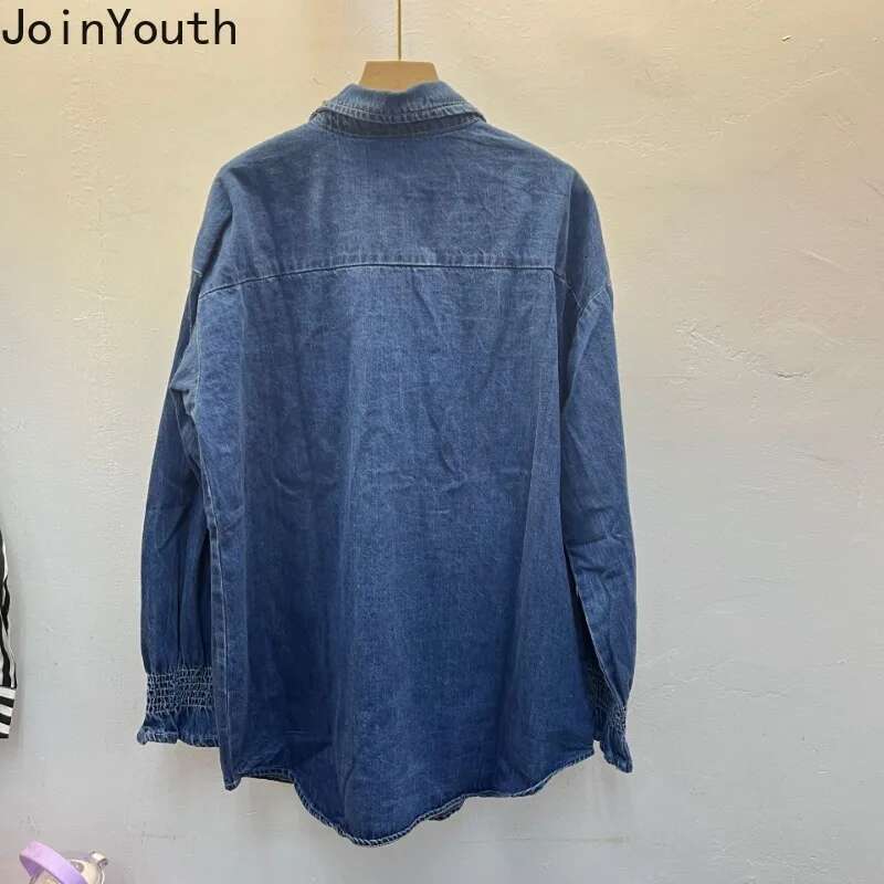 Fashion Blouse Women Clothes Denim Patchwork Lace Tops 2025 Blusas Mujer De Moda Casual Heavy Beading Sweet Korean Shirt Blouses