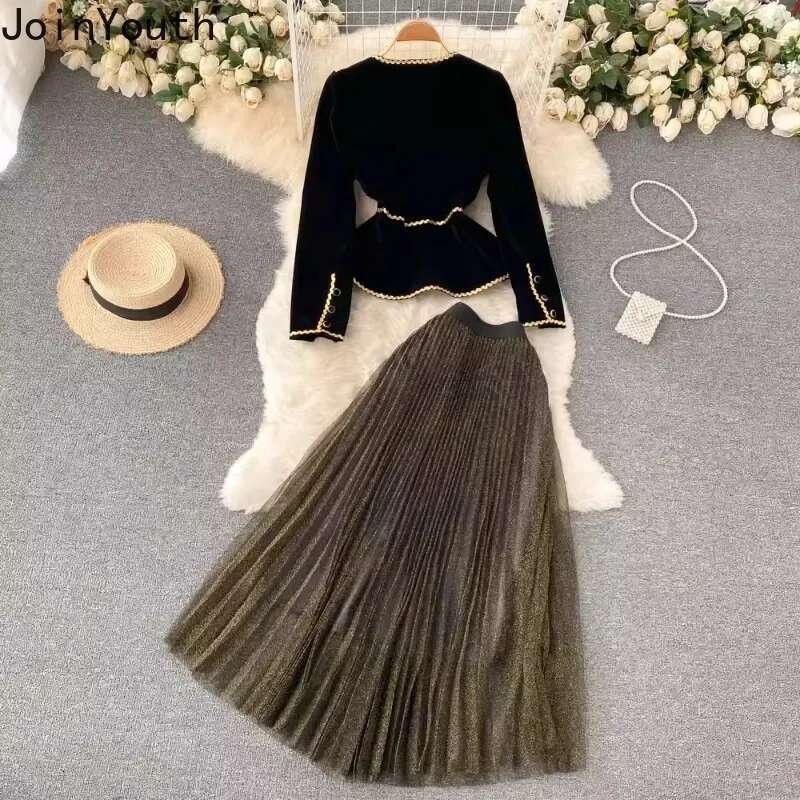 Skirt Outfits Korean Women Clothing Two Piece Sets Slim Waist Velvet Shirt High Waist Loose Pleated Skirts Suit Temperament Set