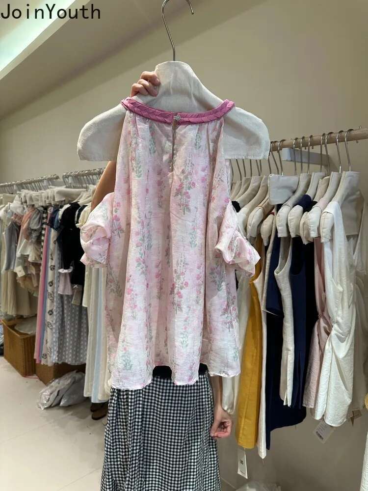 Floral Womens Shirt Korean Blouses 2025 Blusas Mujer De Moda O-neck Short Sleeve Off Shoulder Loose Tops Sweet Summer Blouse