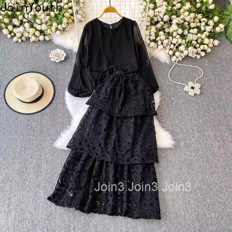 Two Piece Sets 2025 Women Clothing Slim Waist Puff Sleeve O-neck Tops A-line Lace Hollow Out Suit Fashion Summer Outfits 63e510