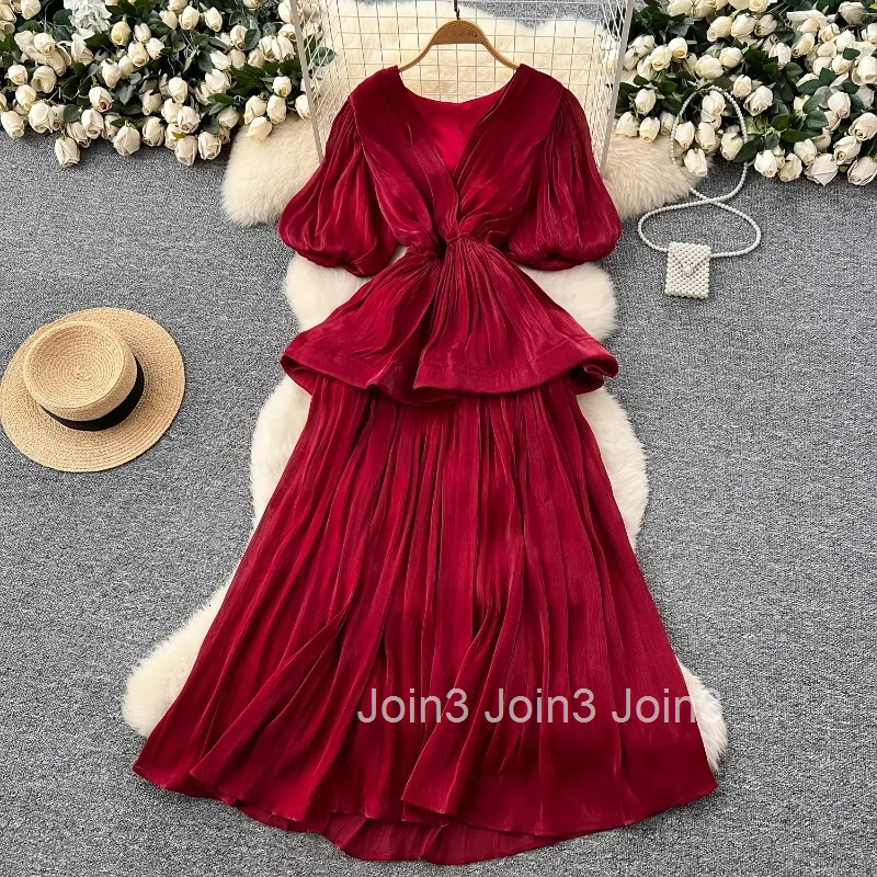 2025 Vestidos De Mujer Summer Dress for Women V-neck Puff Sleeve Slim Waist Robe Femme Ruffles Gauze Temperament Maxi Dresses