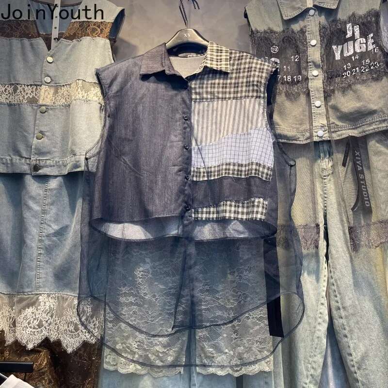 2025 Women Clothing Summer Blouses Camisas De Mujer Sleeveless Patchwork Gauze Loose Blouse Casual Irregular Plaid Blouses Tops