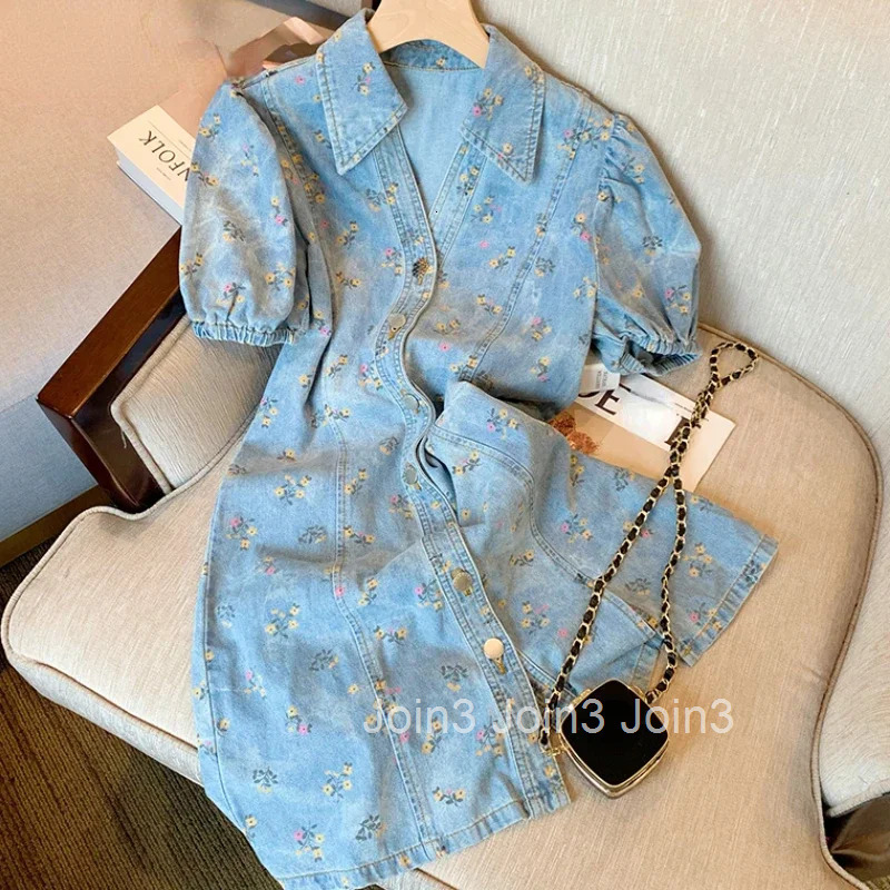 Floral Denim Dress Women Vintage Slim Fit Puff Sleeve Sweet Robe Femme 2025 Vestidos De Mujer V-neck Casual Chic Summer Dresses