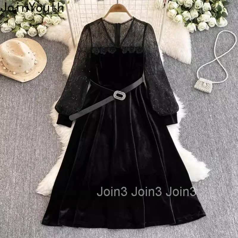Vintage Dresses Autumn Women Clothing Patchwork Gauze Velvet Robe Femme 2025 Vestidos De Mujer V-neck Black Temperament Dress