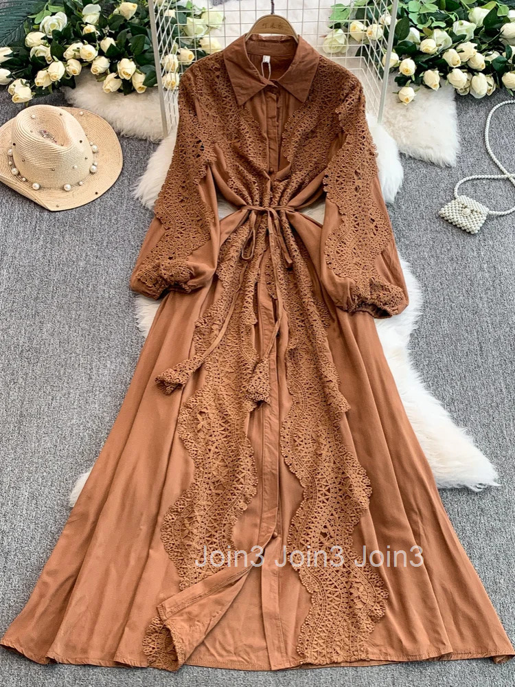 Elegant Dresses Women Single Breasted Slim Waist Temperament Robe Femme Patchwork Lace Hollow Out Dress 2025 Vestidos De Mujer