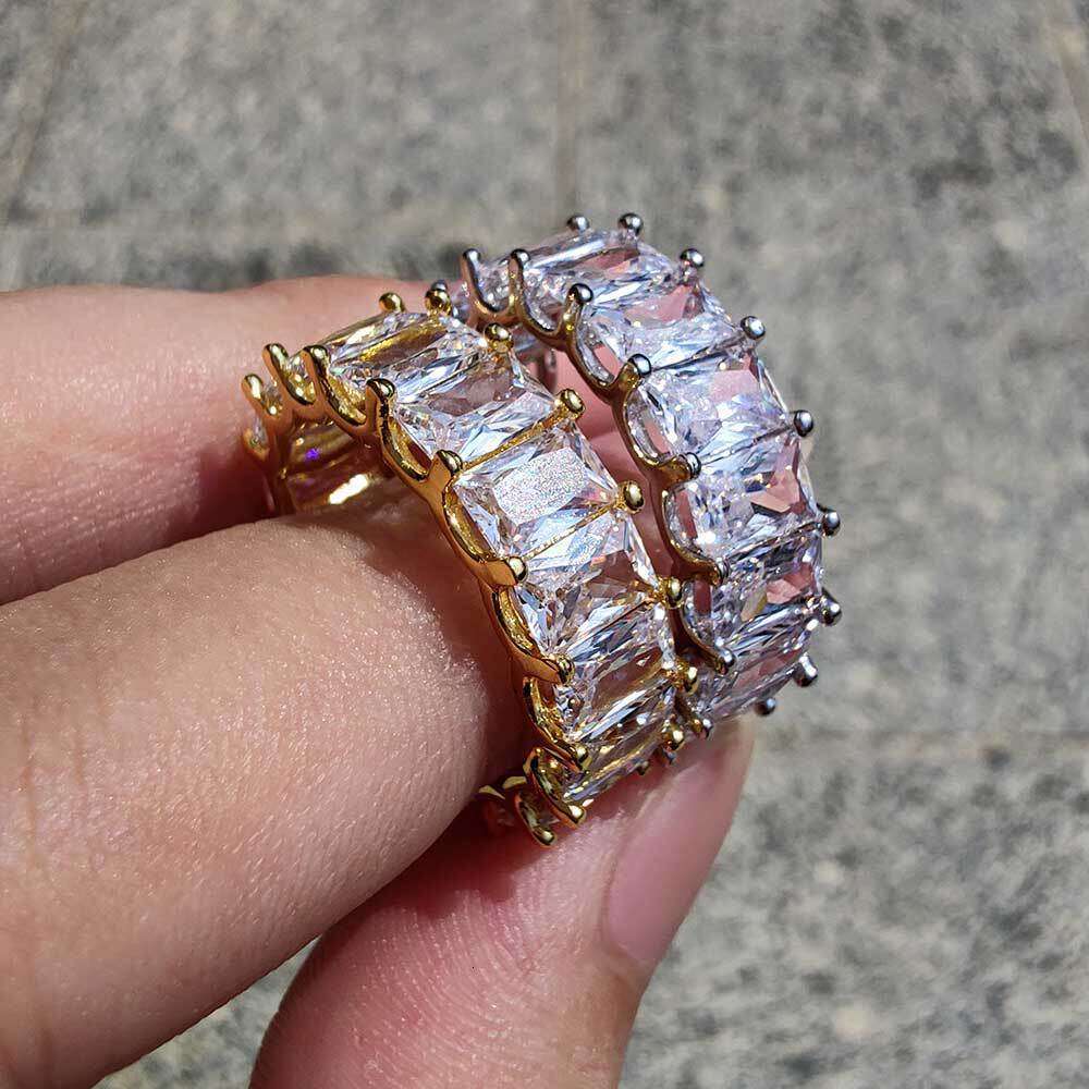 New 7mm Single Row Rectangular Zircon Real Gold Plated Trendy Hip-Hop Men's Ring 6543