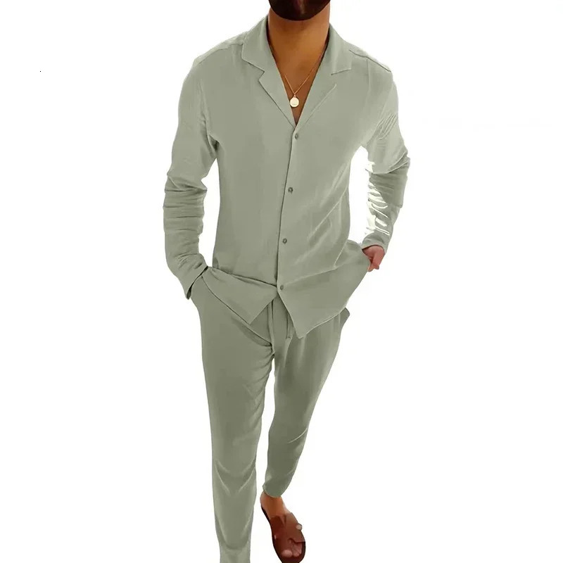 All Match Mens Tracksuit Fashion Solid Two Piece Slim Suit Autumn Long Sleeve Button Shirts Top Drawstring Pants Set 250619