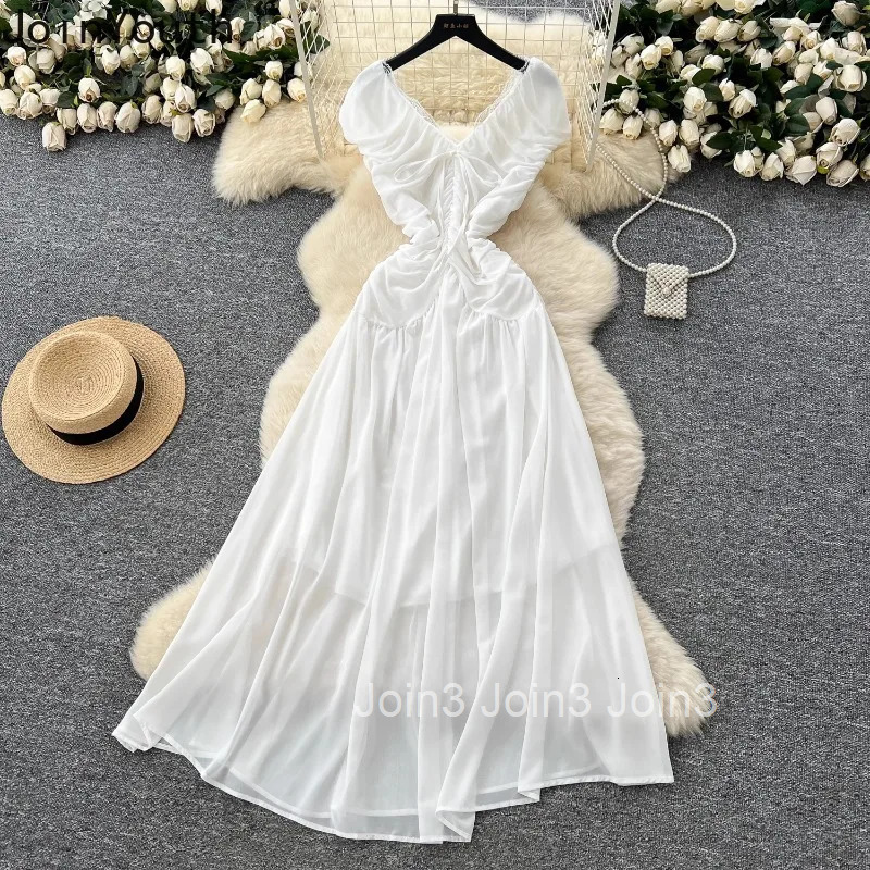 Elegant Dress Women Clothes Patchwork Lace V-neck Slim Waist Folds Robe Femme 2025 Vestidos De Mujer Bandage Summer Maxi Dresses