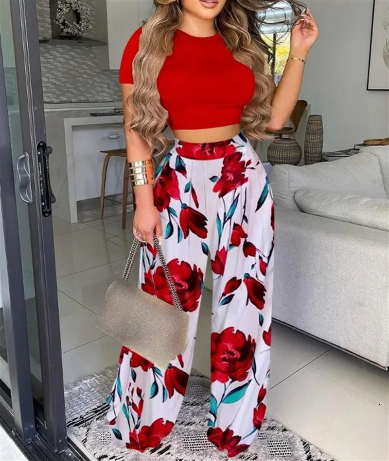 Women Print Pant Sets Two Piece Suit Round Neck Short Sleeve Tops Vests Wide Leg Trousers High Waist Pant Matching Sets Summer 250617