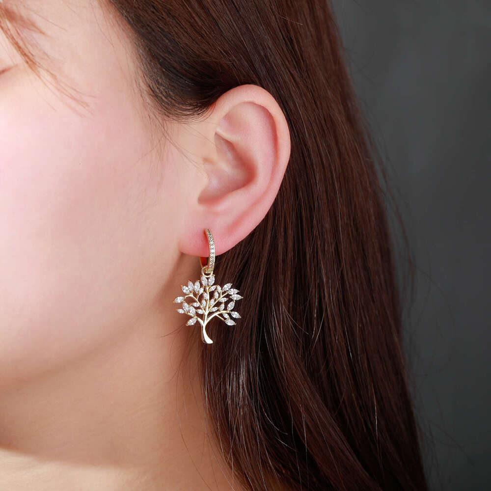 Creative Personality Tree of Life Simple Hollow Out Inlaid Dia Ear Studs Unisex Copper Gold Earrings