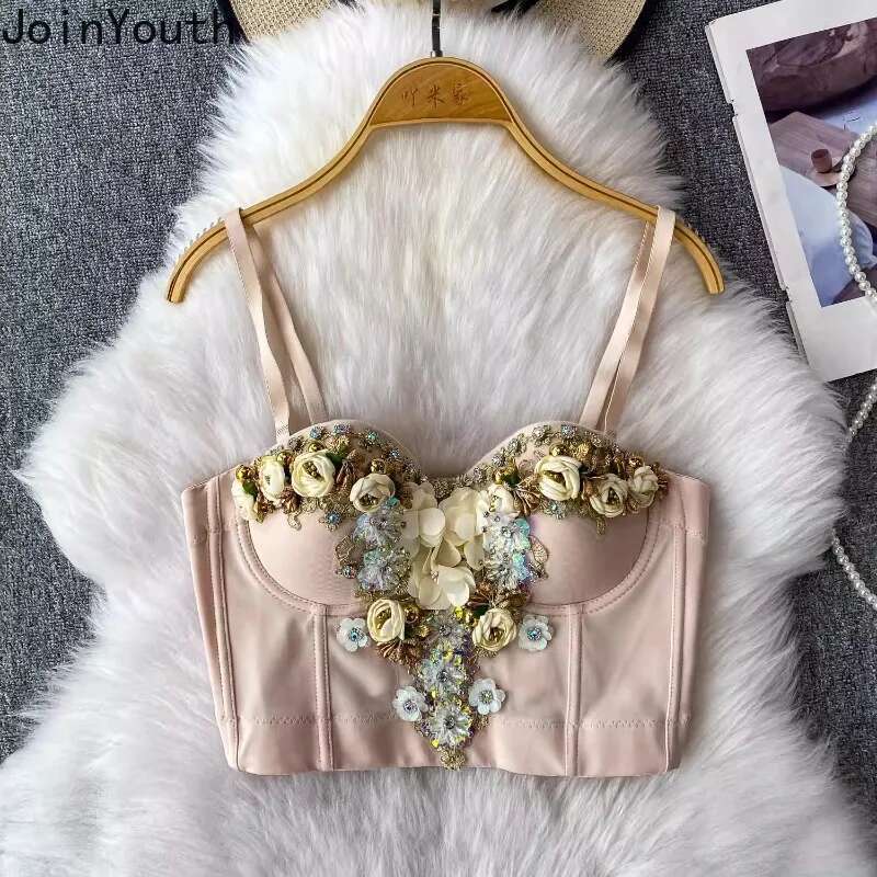 Heavy Diamond Women Tanks Crop Tops Temperament Tees 3D Floral Slim Fit Summer Camis Fashion Korean Summer Sexy Vest Ropa Mujer