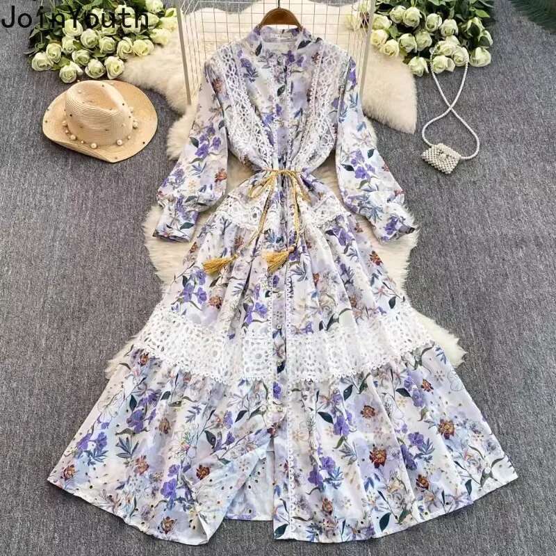 Floral Dress for Women Lace Stand Neck Single Breasted Slim Waist Robe Femme 2025 Vestidos De Mujer Vintage Summer Maxi Dresses