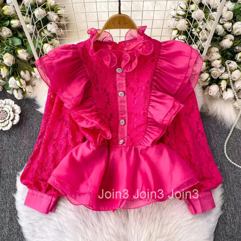 Sweet Blouse Womens Clothing 2025 Camisas De Mujer Slim Waist Stand Neck Patchrk Lace Shirts Ruffles Fashion Summer Crop Tops
