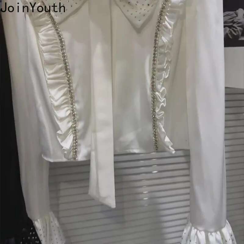 Crop Tops Fashion Diamond Blouses Womens Clothes Long Sleeve Ruffles Tunic Shirts 2025 Blusas Mujer De Moda Bow Ruffles Blouse