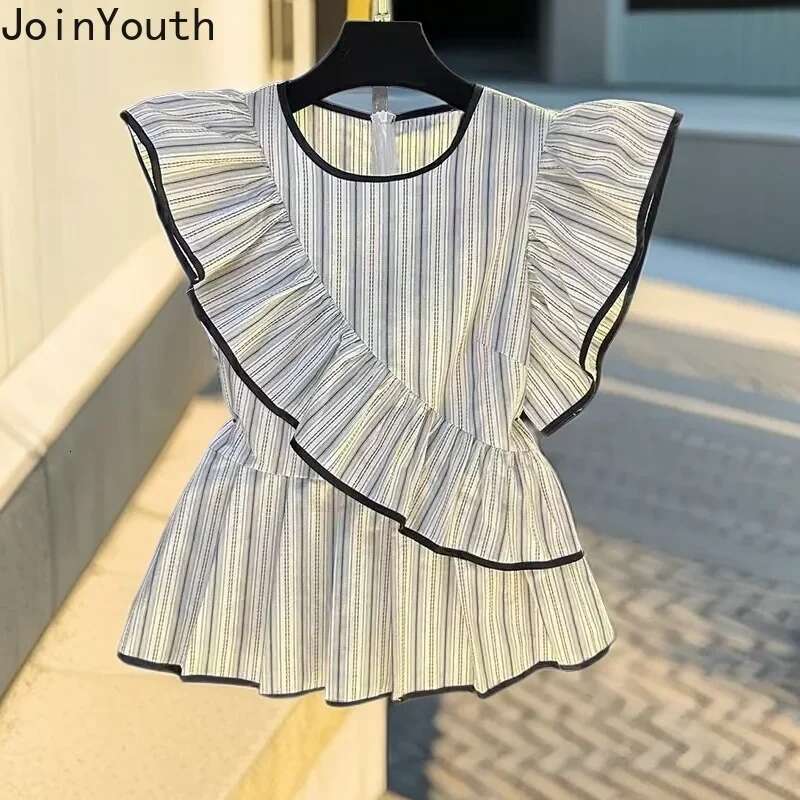 2025 Camisas De Mujer Summer Blouse Womens Clothing Flying Sleeve O-neck Shirts Crop Tops Fashion Striped Ruffles Sweet Blouses