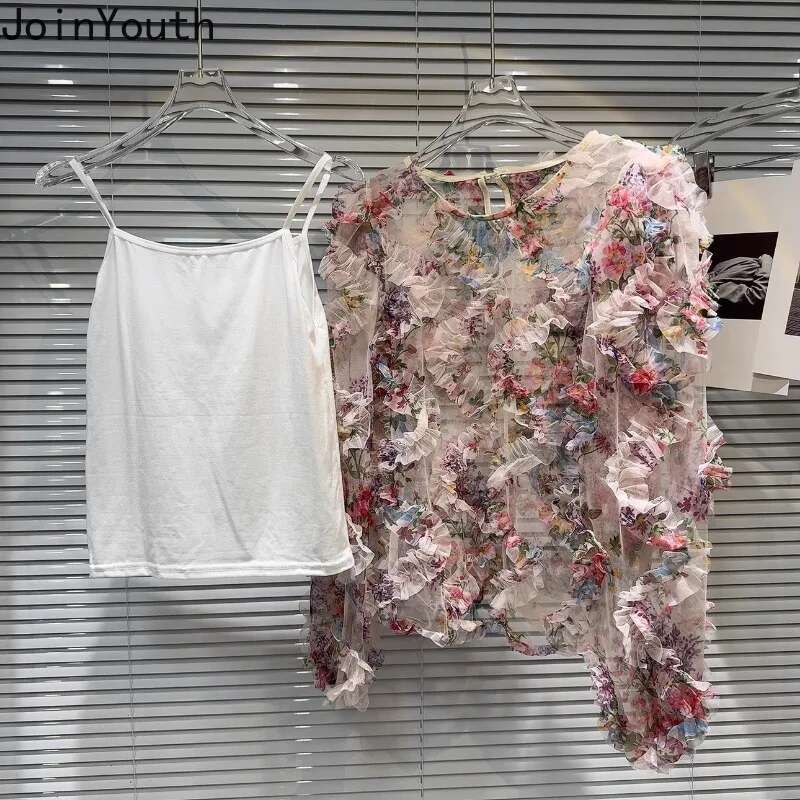 2025 Blusas Mujer De Moda Sweet Blouses Women Clothing Long Sleeve O-neck Gauze Shirts 3D Floral Summer Chic Chiffon Blouse Tops
