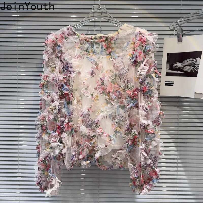 2025 Blusas Mujer De Moda Sweet Blouses Women Clothing Long Sleeve O-neck Gauze Shirts 3D Floral Summer Chic Chiffon Blouse Tops