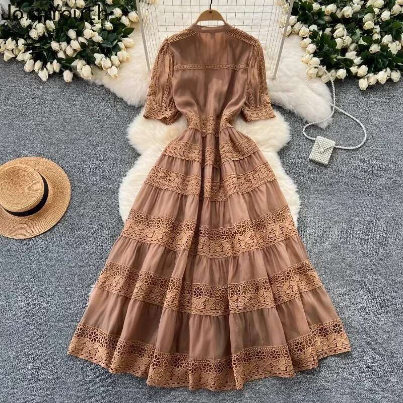 Summer Dresses for Women Slim Waist Short Sleeve Vintage Robe Femme Patchwork Lace Hollow Out Maxi Dress 2025 Vestidos De Mujer