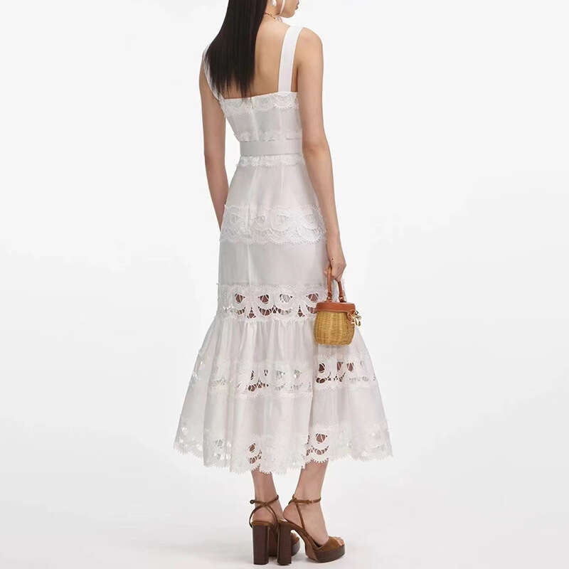 White Skirt Maxi Skirt Vacation Style Long Summer New Fashion Hollow Embroidery Strap Mermaid Design Dress For Women Long Skirt