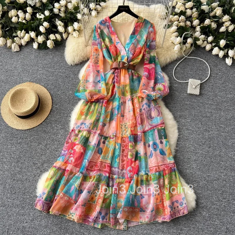 2025 Vestidos De Mujer Maxi Dress for Women V-neck Lantern Sleeve Chiffon Robe Femme Slim Waist Floral Big Swing Summer Dresses