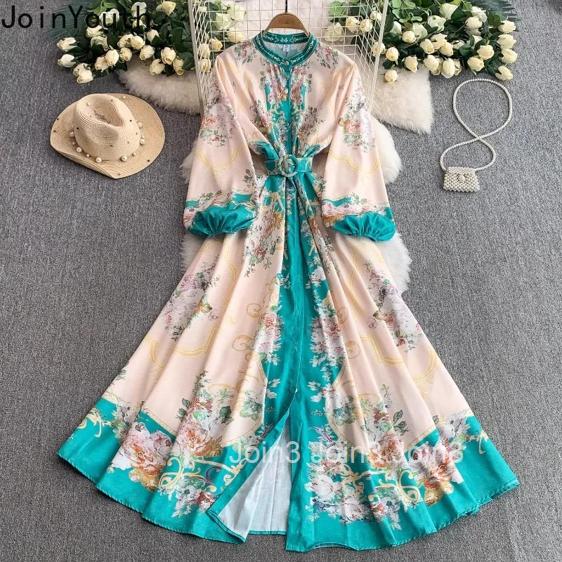 Elegant Dress for Women Stand Neck Lantern Sleeve Print Robe Femme Single Breasted Vintage Maxi Dresses 2025 Vestidos De Mujer
