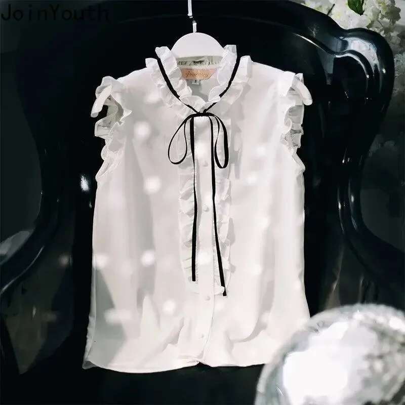 2025 Blusas Mujer De Moda Stand Neck Sleeveless Blouse Women Ruffles Sweet Tunic Tops Chic Vintage Summer Blouses Shirts 27m661