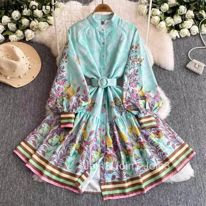 Temperament Robe Femme Vintage Korean Dresses for Women 2025 Vestidos De Mujer Lantern Sleeve Stand Neck A-line Floral Dress