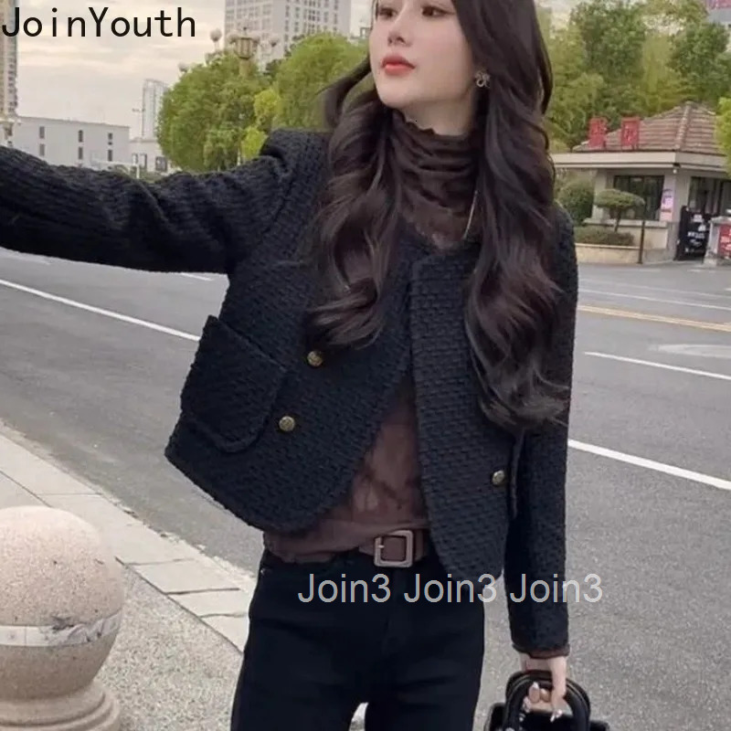 Temperament Ladies Tops Vintage Tweed Jackets Women Clothing O-neck Long Sleeve Double Breasted Crop Coat 2025 Ropa Mujer 27s493