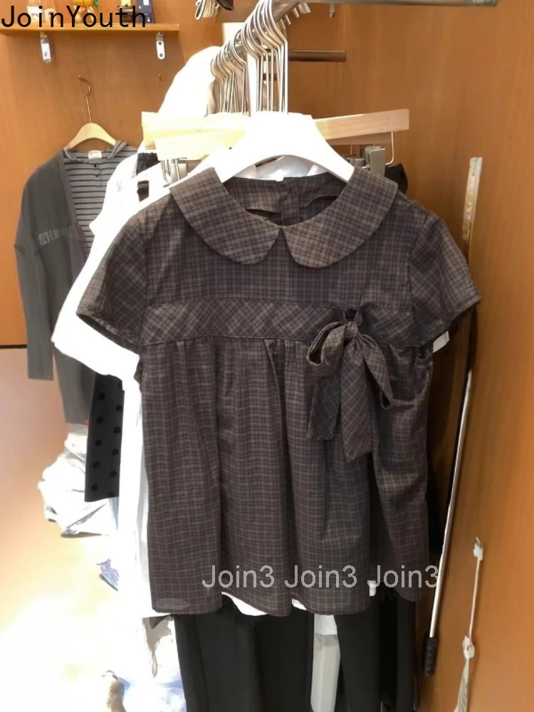 Sweet Women Shirts 2025 Blusas Mujer De Moda Bandage Peter Pan Collar Short Sleeve Blouses Vintage Plaid Bow Summer Blouse Tops