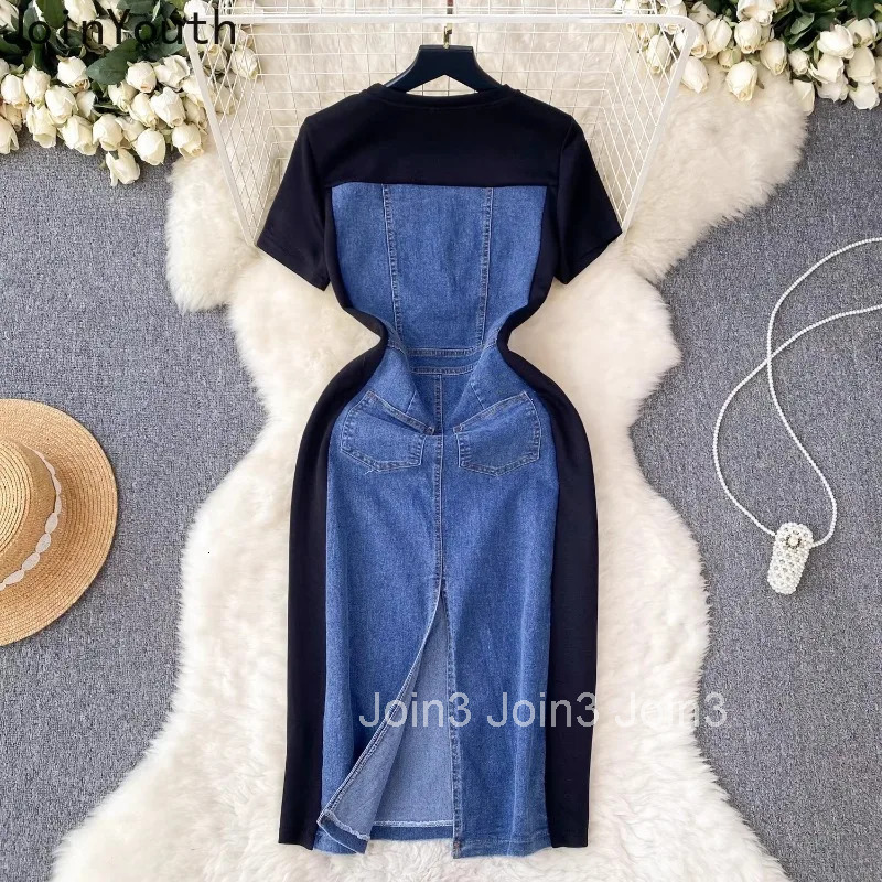Denim Dresses Women O-neck Slim Waist Temperament TunicSplit Robe Femme 2025 Vestidos De Mujer Casual Chic Bodycon Y2k Dress