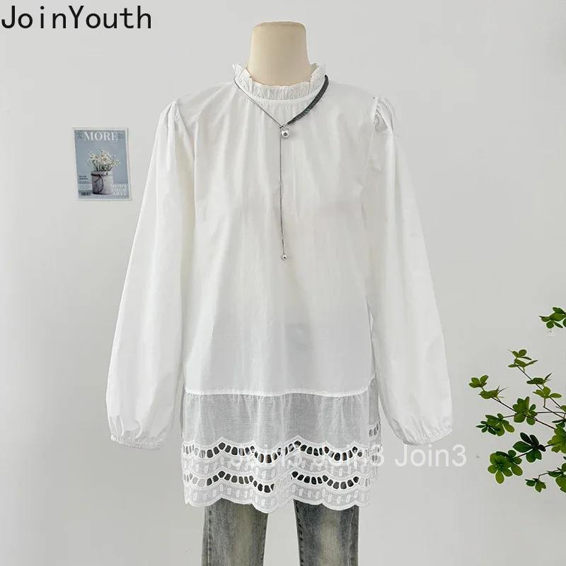 Women Clothing Oversized Blouses 2025 Camisas De Mujer Hollow Out Puff Sleeve O-neck Shirts Ruffles Fashion White Blouse Tops