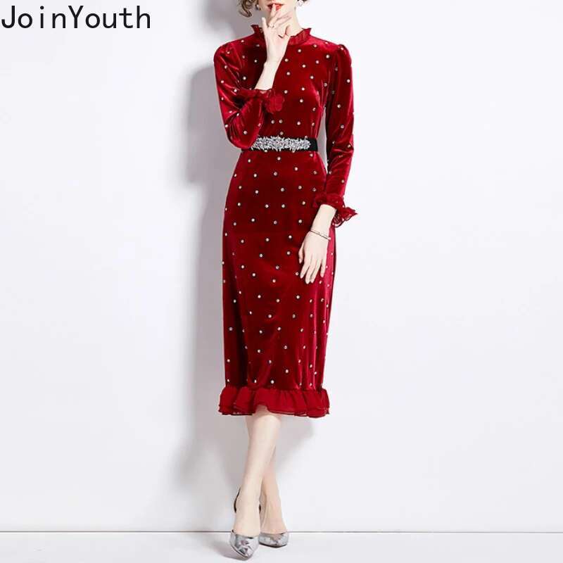 Temperament Robe Femme Velvet Dresses for Women 2025 Vestidos De Mujer O-neck Flare Sleeve Tunic Heavy Diamond Ruffles Dress