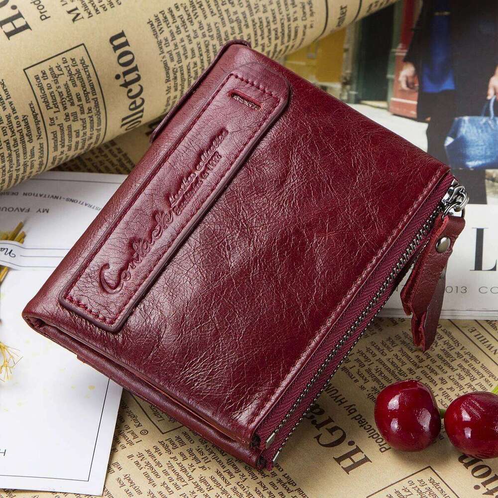 Genuine Leather Wallet Women Brand Double-Zipper Small Coin Purse Female Classic Money Bag ID Card Holder Name Engraving