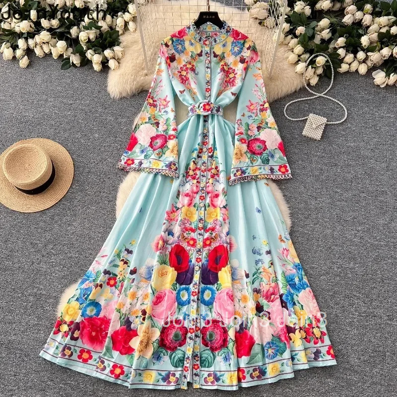 Vintage Floral Dresses for Women Flare Sleeve Slim Waist Single Breasted Robe Femme Vestidos De Mujer Elegant Summer Maxi Dress